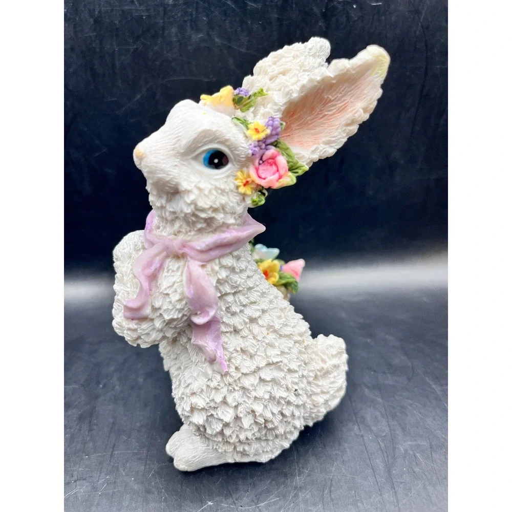 White Resin Easter‎ Bunny Figurine Floral Basket Scarf Figurine Decorative 5